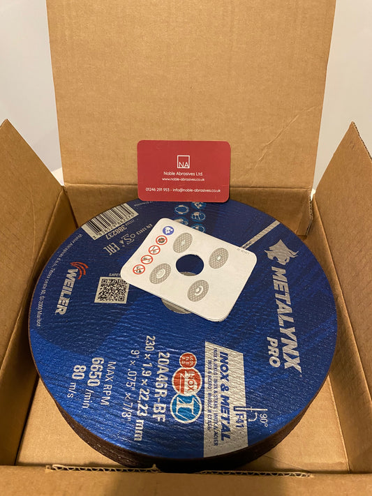 230x1.9x22mm A46 Metalynx Pro BF Cutting Discs Weiler INOX